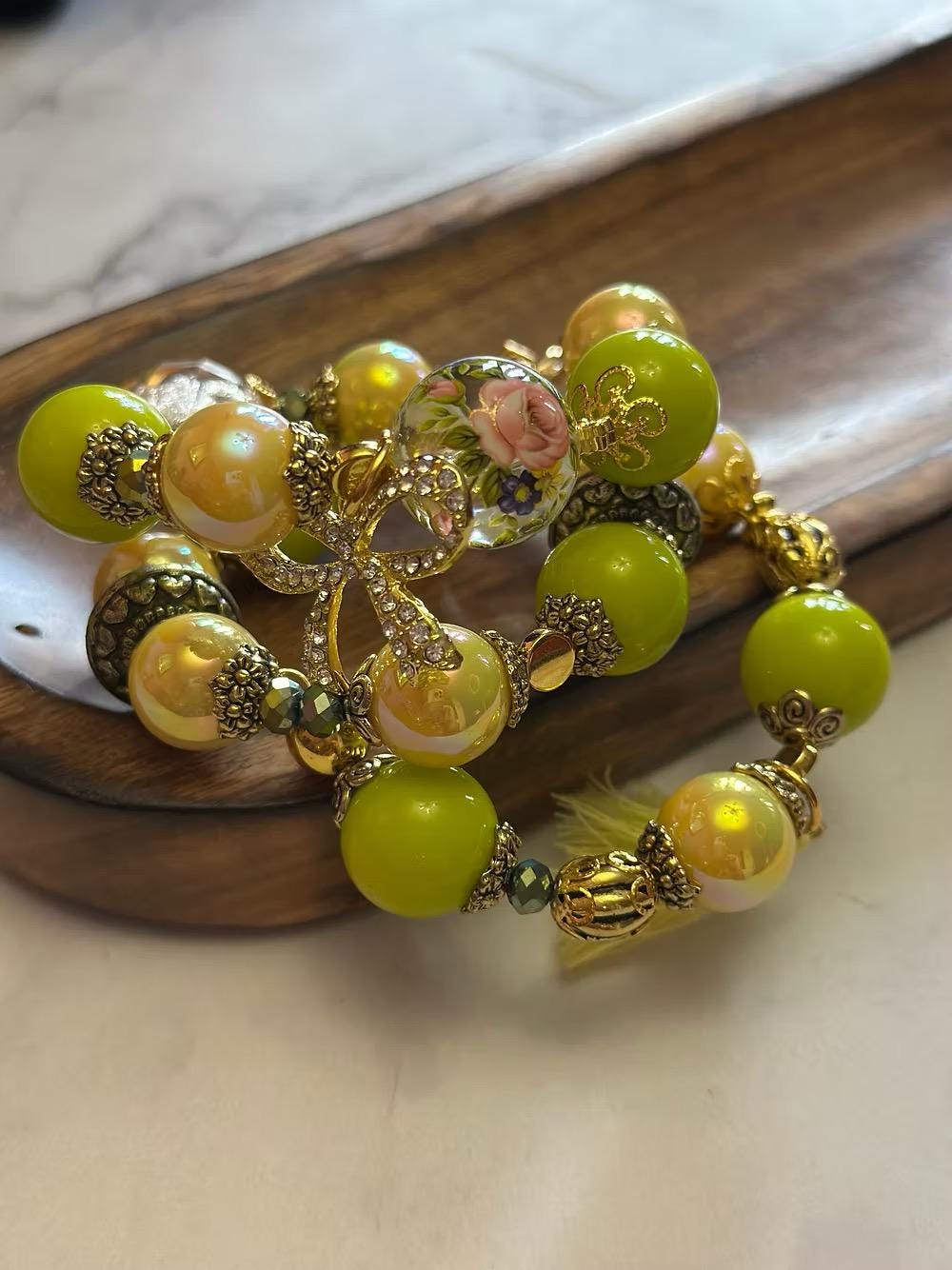 Green Gold Spring Wrapped Bracelets Stacked Mothers Day Easter Gift Gift for Her Gift Ideas Handmade Jewelry Bangle Beaded Bracelets Charms