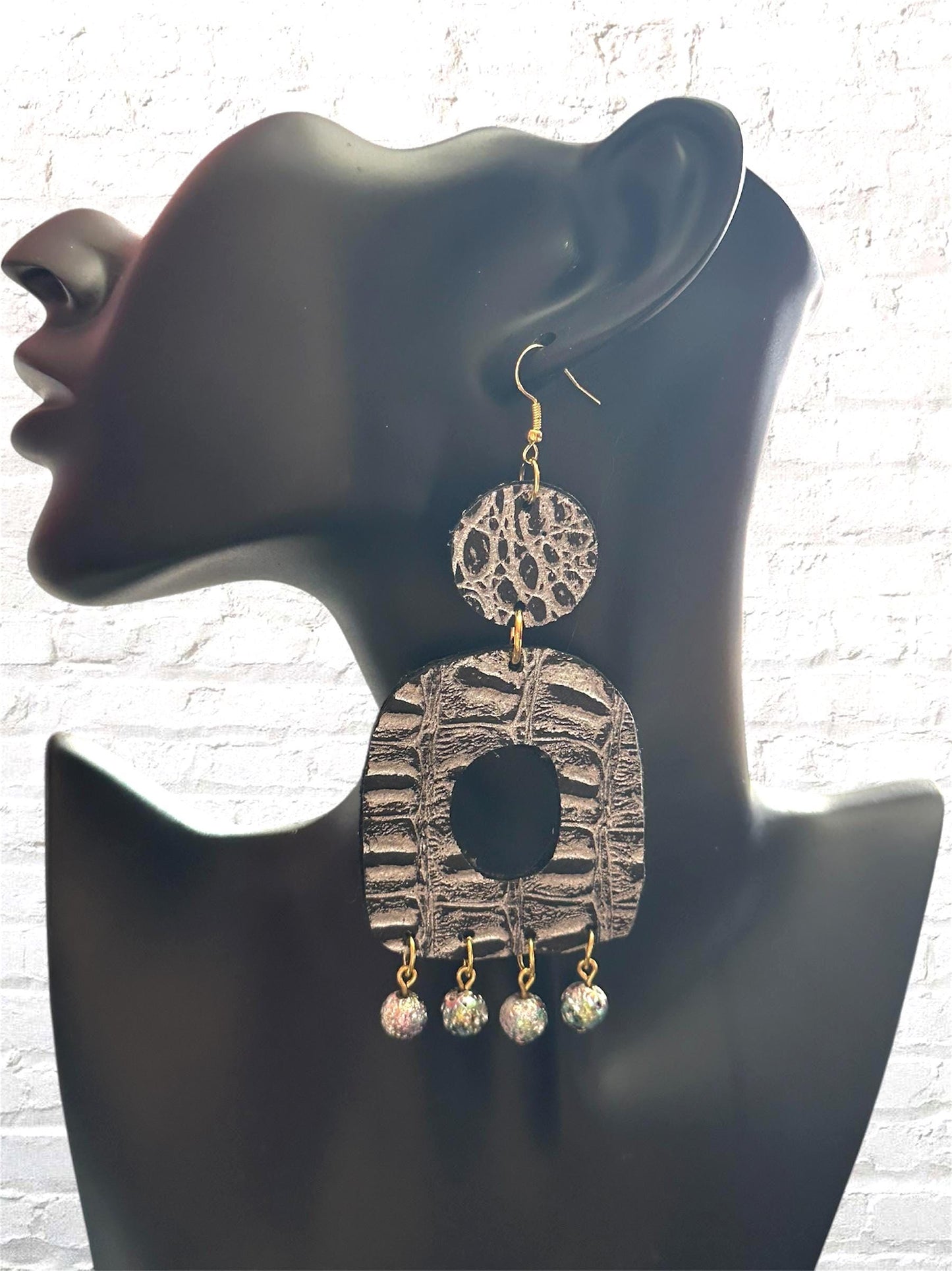 Beaded Ostrich Leather Handmade Earrings, Black Earrings, Valentines Day Jewelry, Vegan Leather Earrings, Trendy Earrings, Beaded Earrings