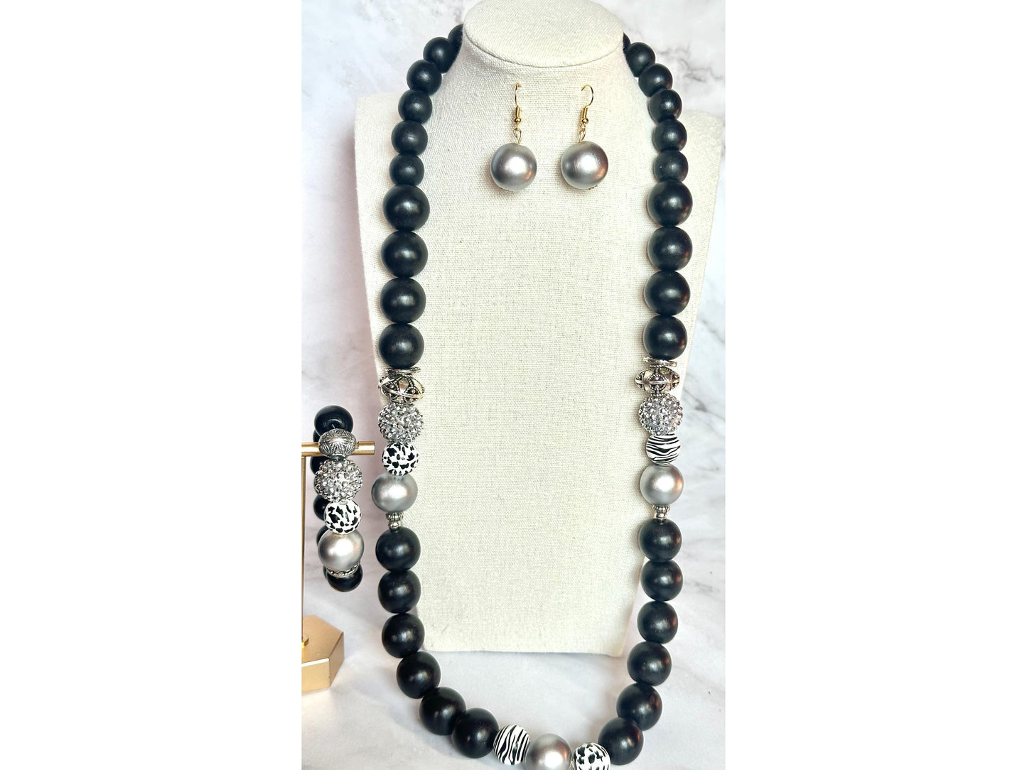 Wood Statement Necklace Black Gold Beaded Necklace Fashionable Chunky Long Multi Strand Necklace Gift For Her Handmade Jewelry Necklace Set