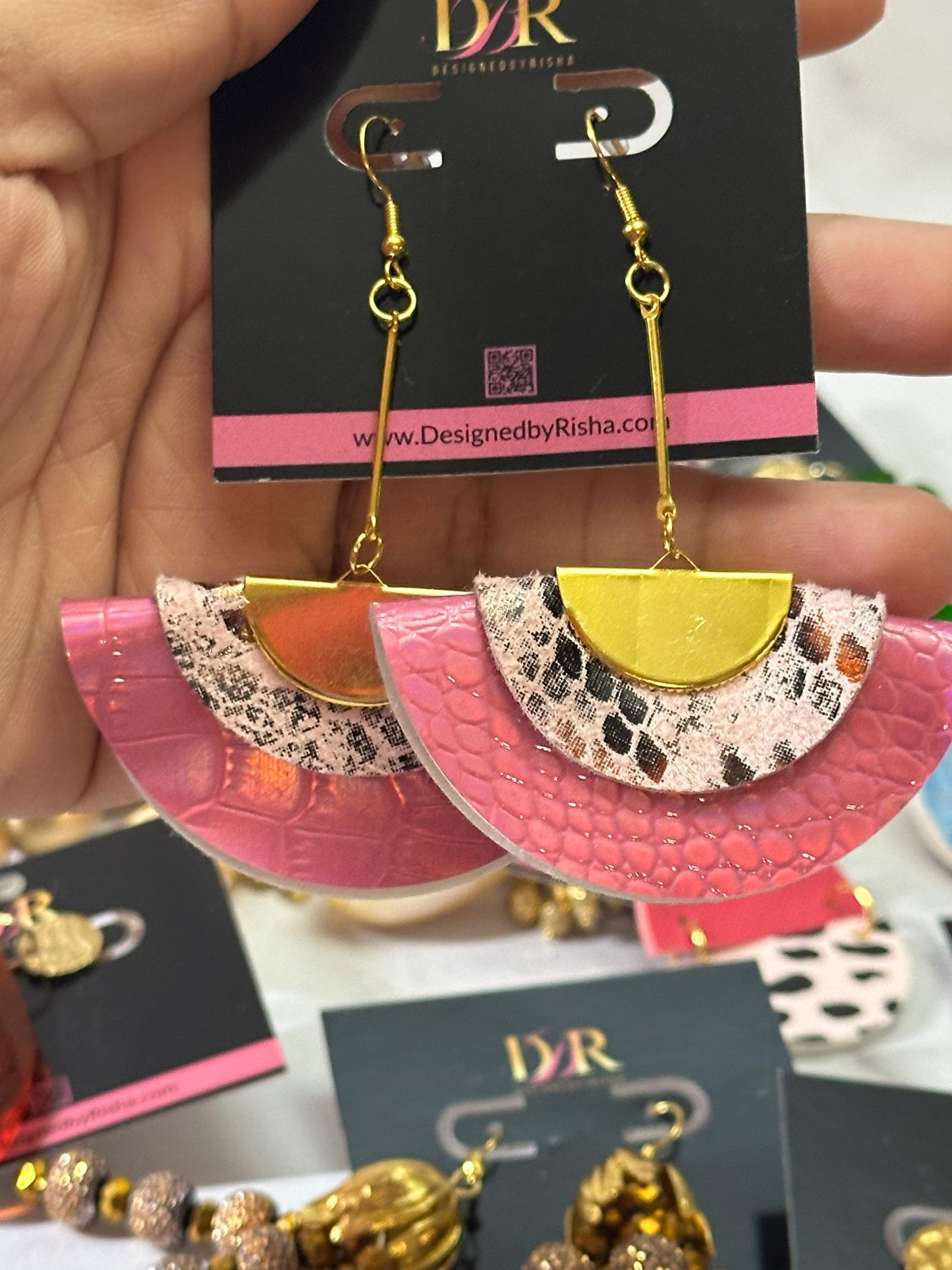 Gold Pink Faux Leather Earrings, Black Statement Earrings, Handmade Fashion Jewelry, Trendy Summer Earrings, Lightweight Dangle Gift
