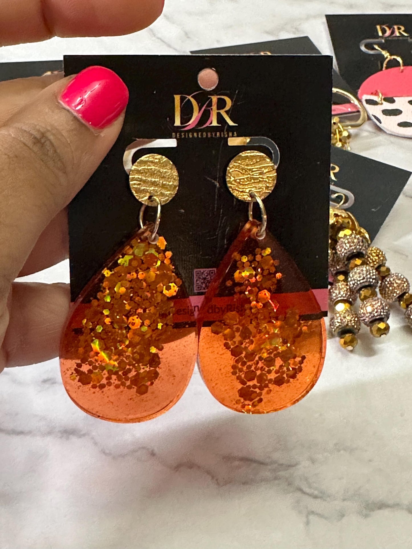 Burnt Orange Teardrop Resin Earrings – Glitter Drop Earrings with Gold Studs | Handmade Fall Statement Jewelry by DesignedByRisha