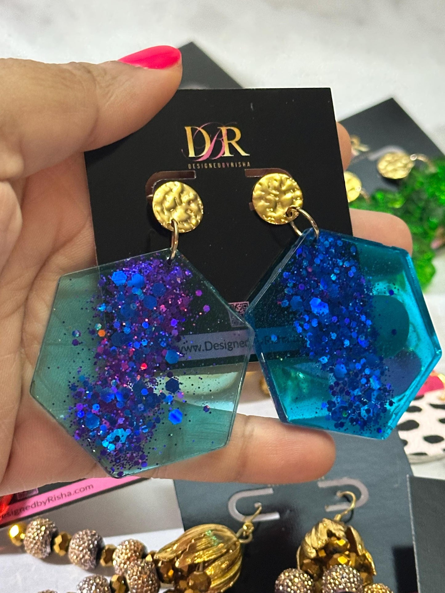 Ocean Galaxy Hexagon Resin Earrings – Blue & Purple Glitter Statement Earrings with Gold Studs | Handmade by DesignedByRisha