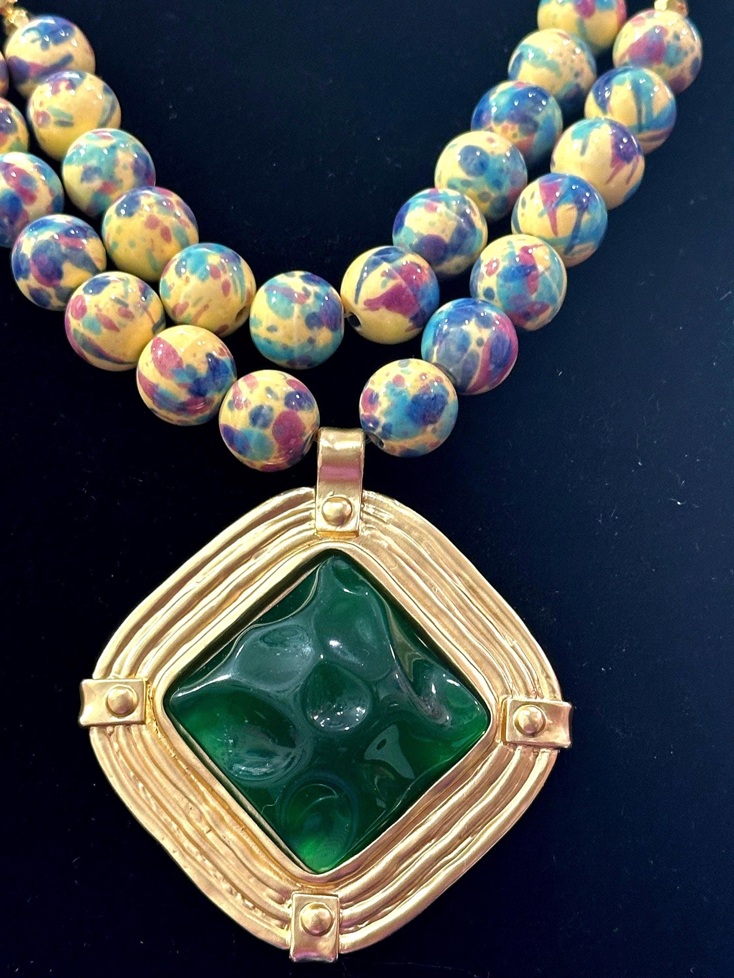 Ethnic Ceramic Bead Statement Necklace – Chunky Handmade Jewelry with Green Pendant – Bold Artistic Necklace – Tribal Neckwear by Risha
