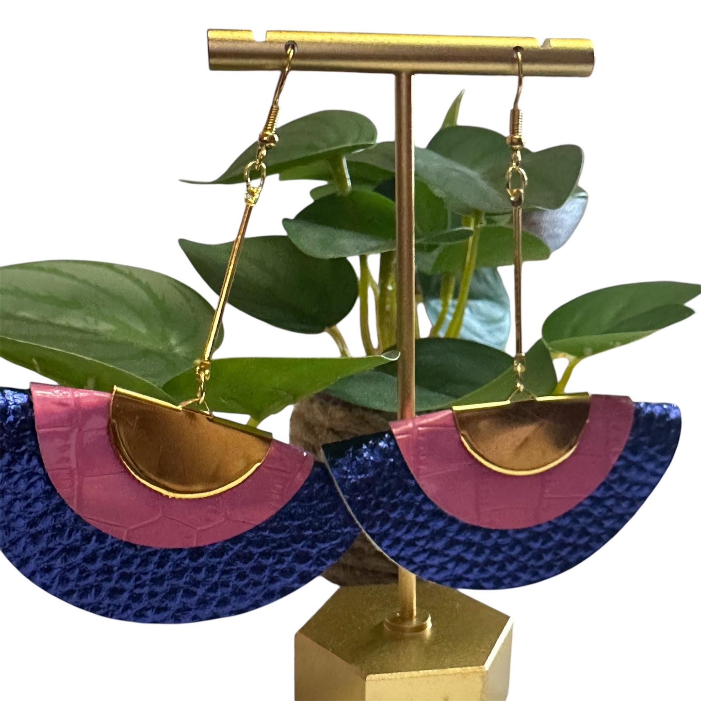 Gold Royal Blue Pink Faux Leather Handmade Statement Dangle Earrings