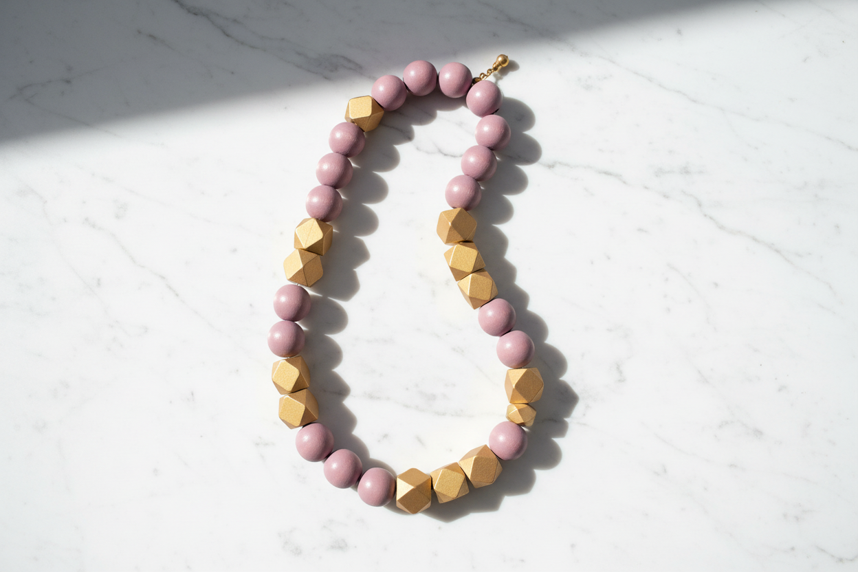 Purple and Gold Wood Necklace- Long Chunky Fashion Jewelry