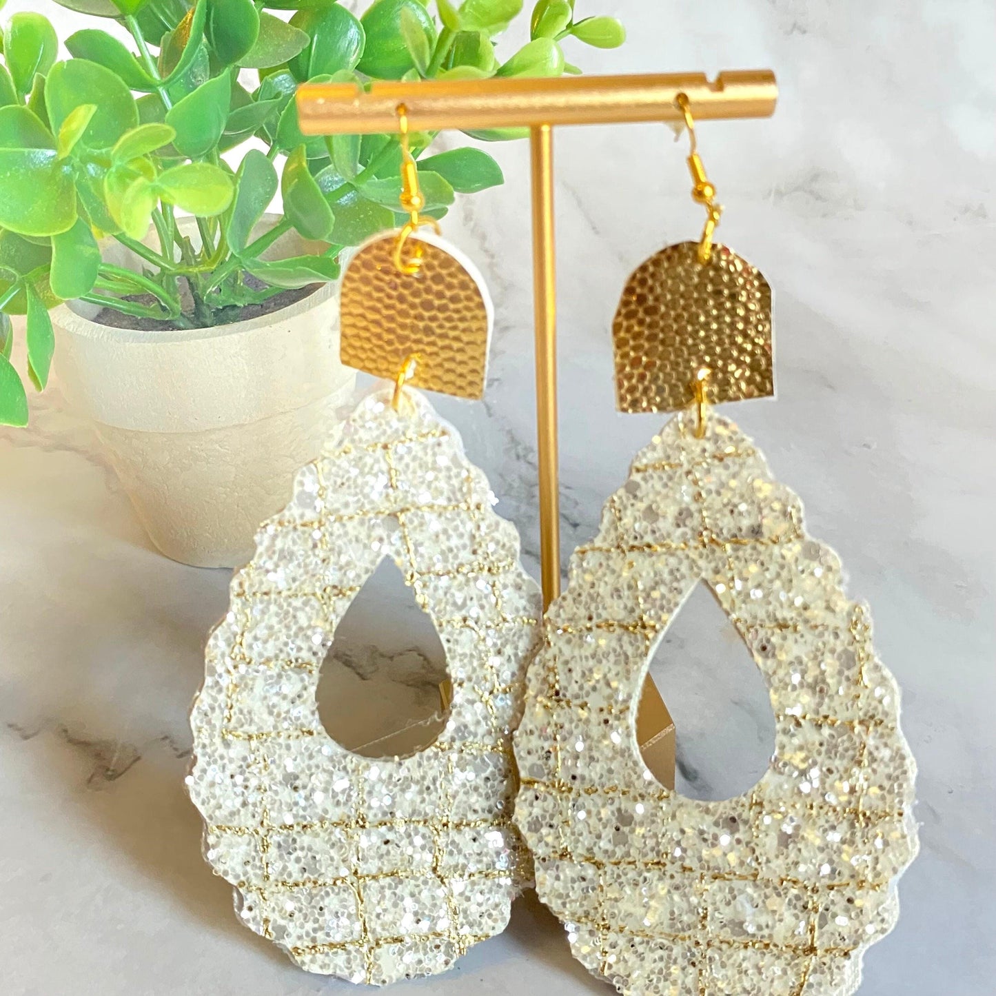 Handmade White Glitter Lightweight Earrings - Gift for Her
