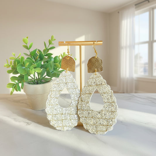 Handmade White Glitter Lightweight Earrings - Gift for Her