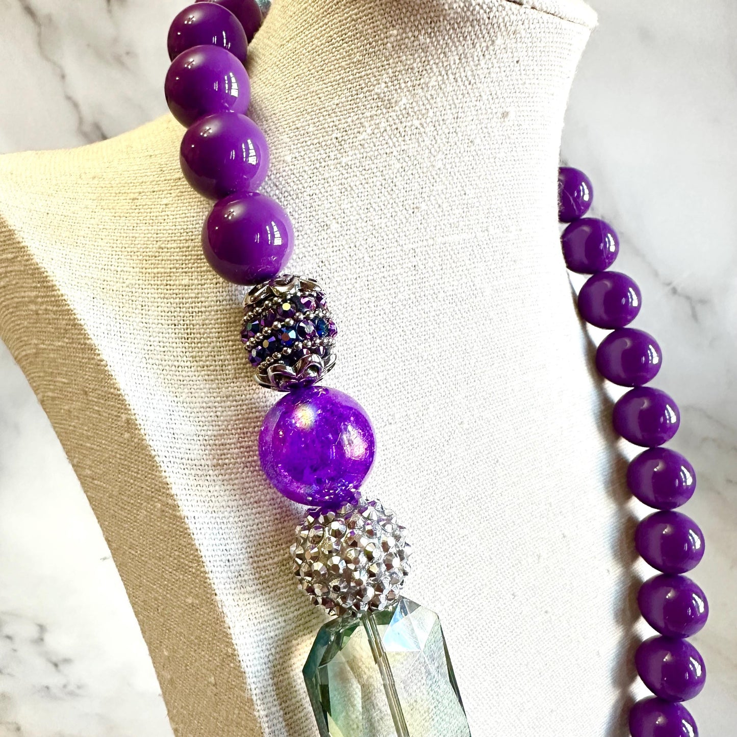 Handmade Purple Crystal Beaded Statement Necklace – Chunky Long Jewelry Gift for Her
