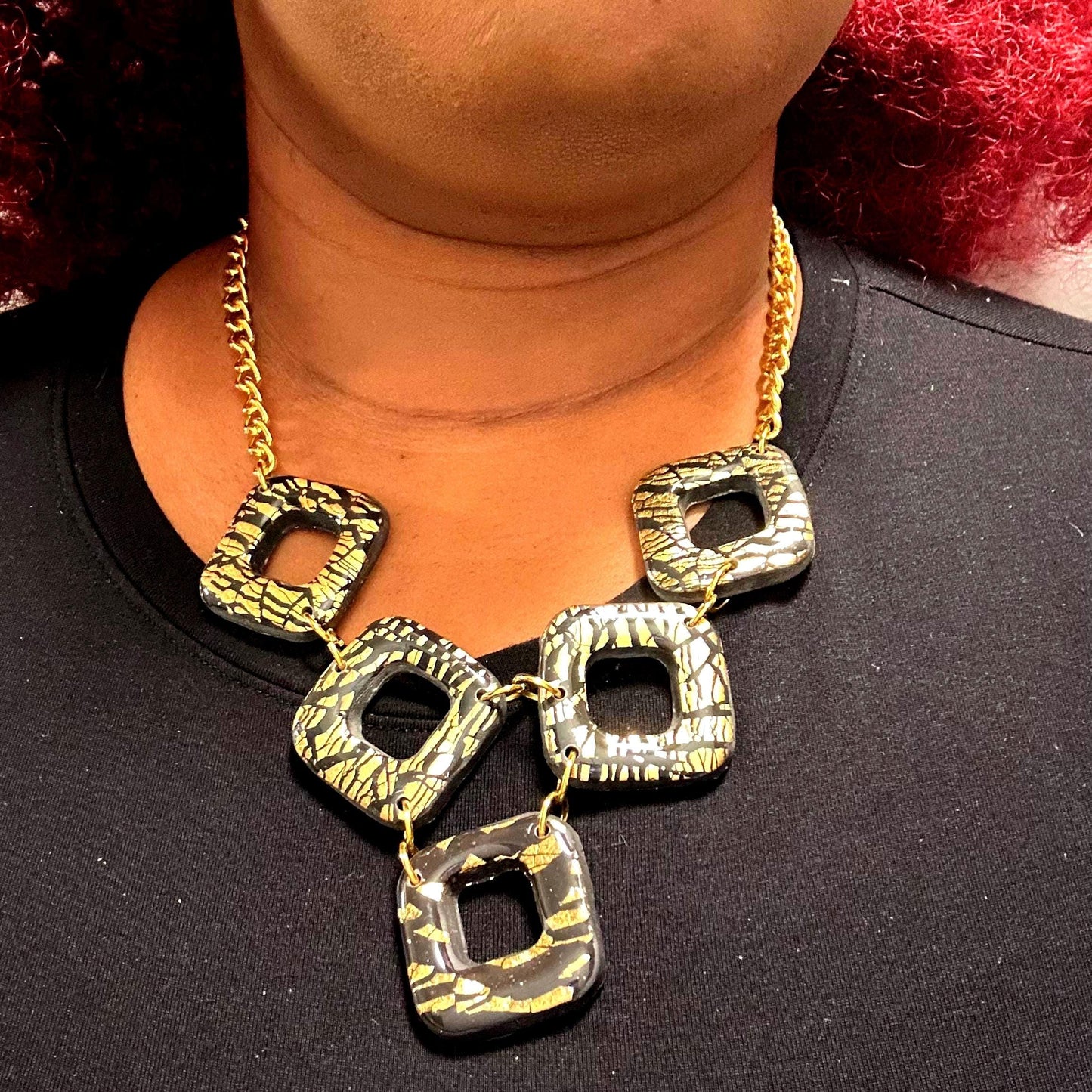 Black Gold Statement Necklace Fashionable Necklace Gift For Her Handmade Clay Jewelry Unique Design Chunky Necklace