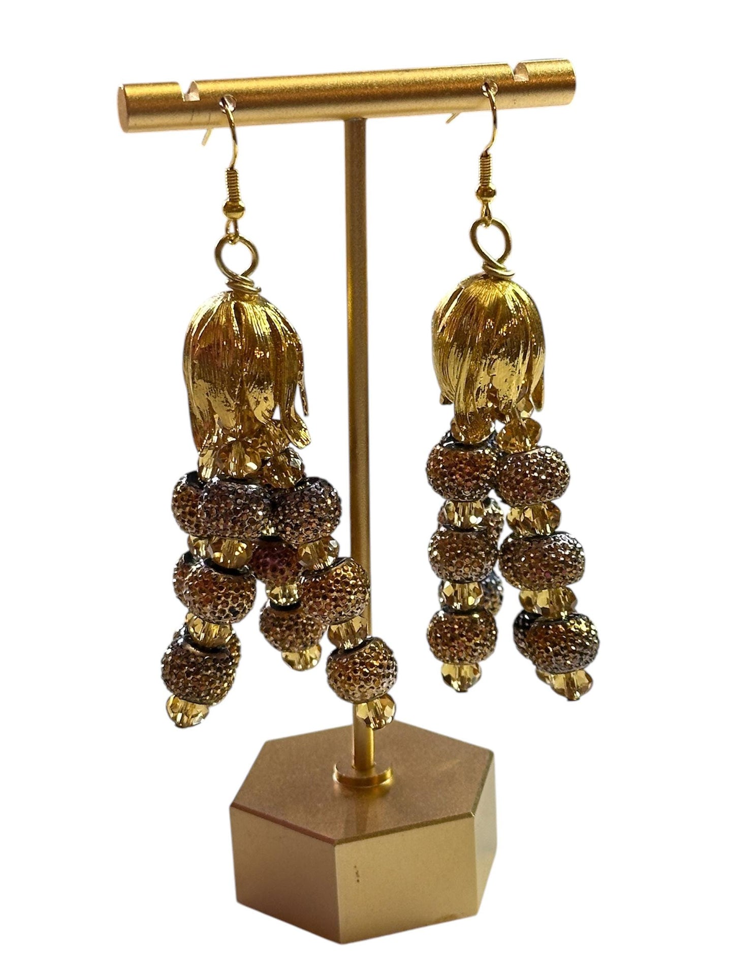 Gold Formal Earrings - Lightweight Beaded Evening Jewelry - Gift for Her, Dazzling Statement Earrings