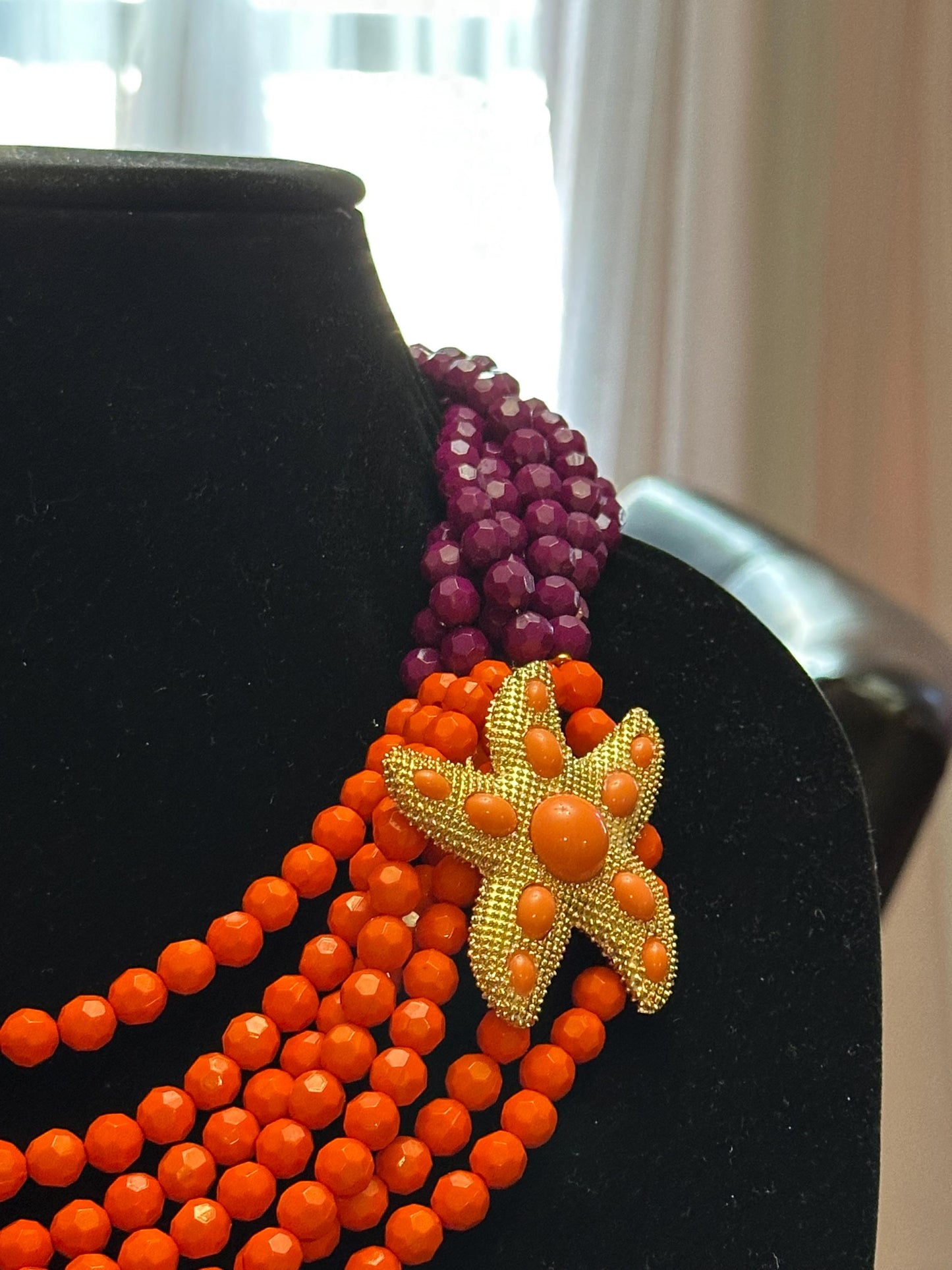 Orange & Purple Multi-strand Statement Necklace with Gold Starfish Charm