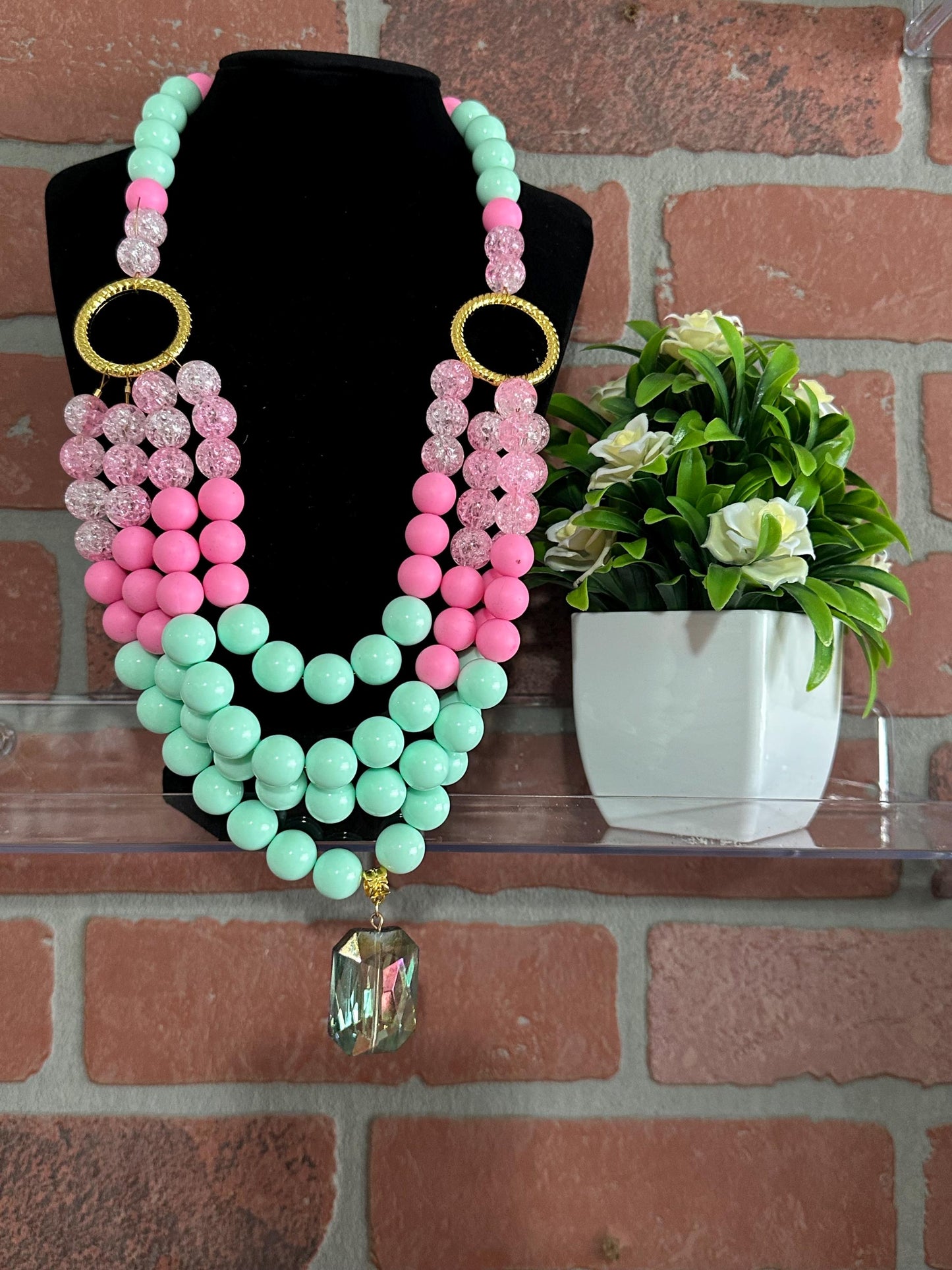 Pink & Green Beaded Necklace with Gold Rings