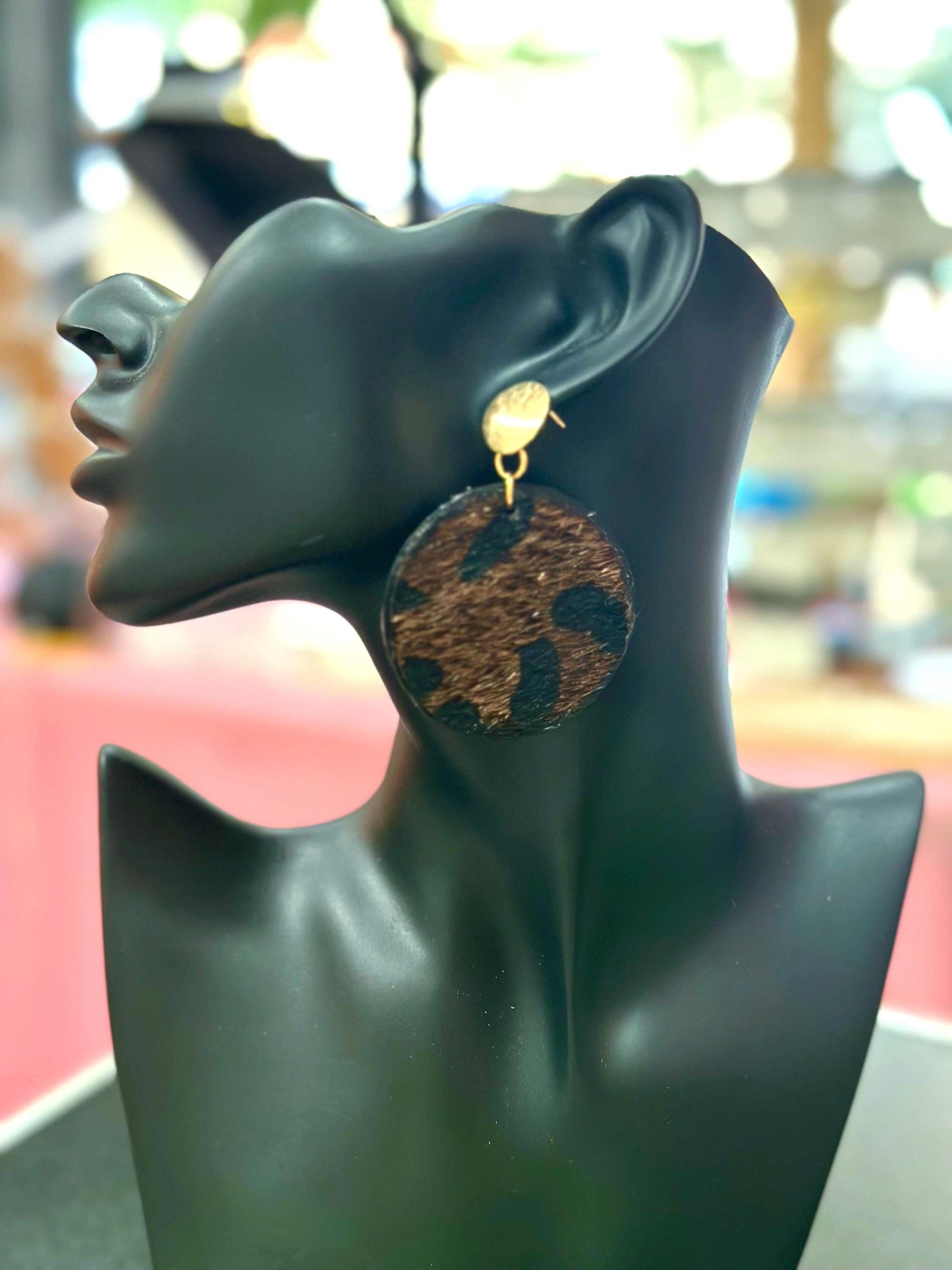 Faux Fur Leopard Print Wooden Earrings: Lightweight Safari Jewelry
