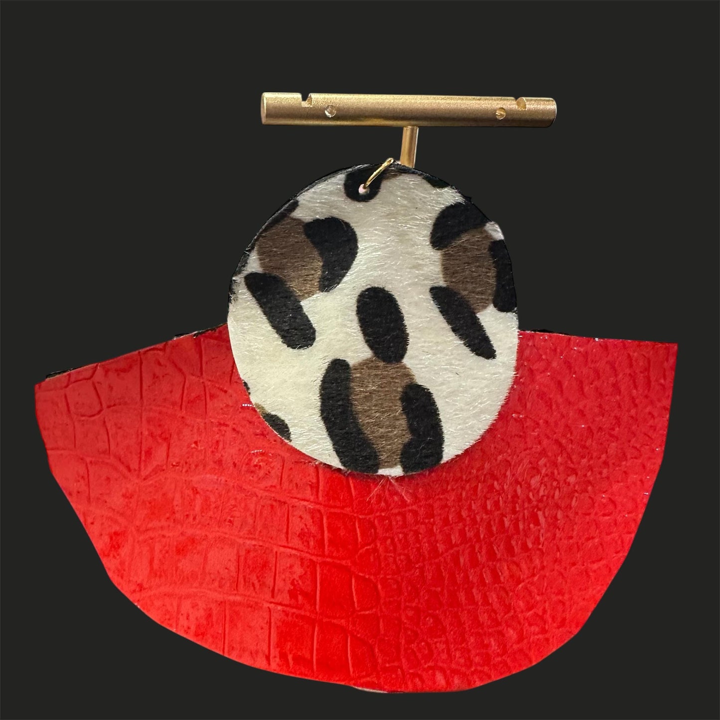 Red Croc & Leopard Oversized Ruffle Fan Leather Earrings