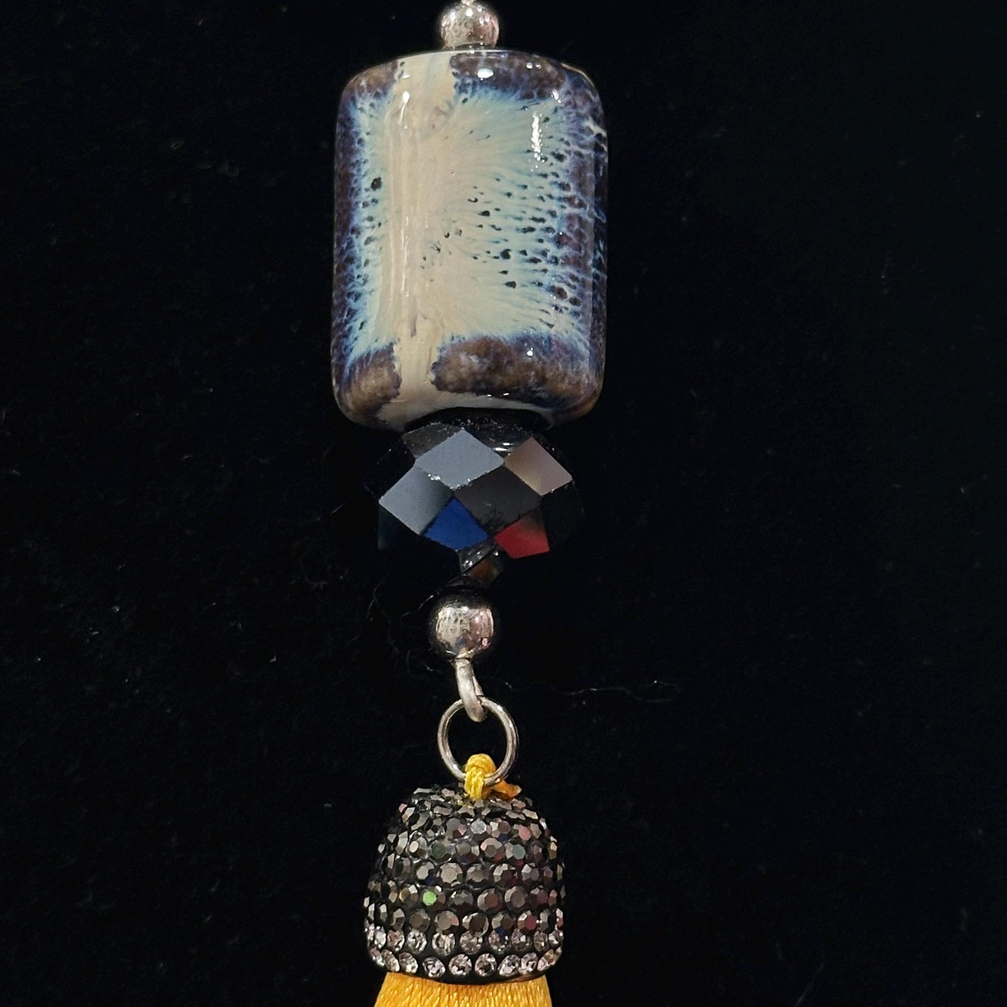 Blue Gray Boho Beaded Necklace with Yellow Fringe Pendant - Long Casual Necklace for Work