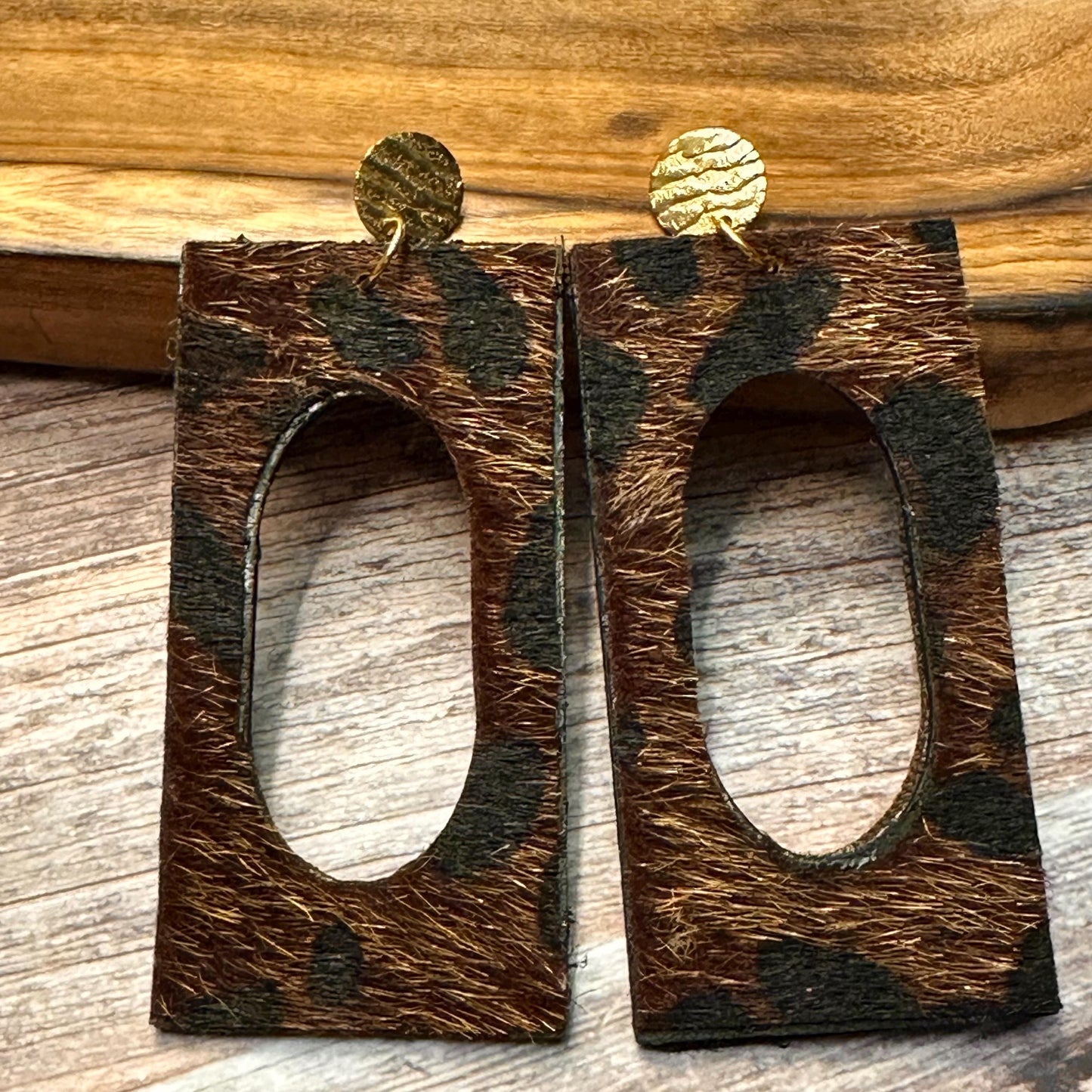 Brown Leopard Print Fur Earrings: Rectangular Wood, Jewelry for Her