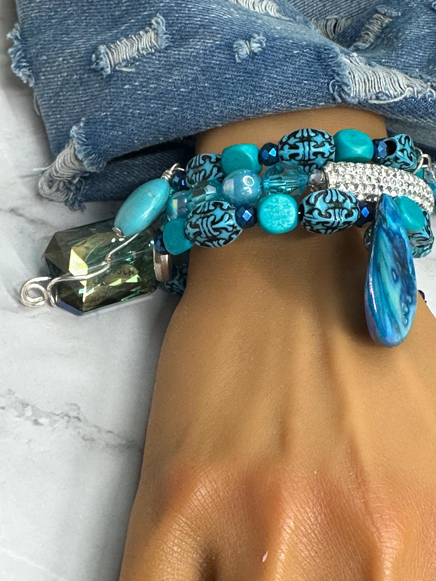 Turquoise Statement Charm Bracelet with Crystal Teardrop Handmade Jewelry