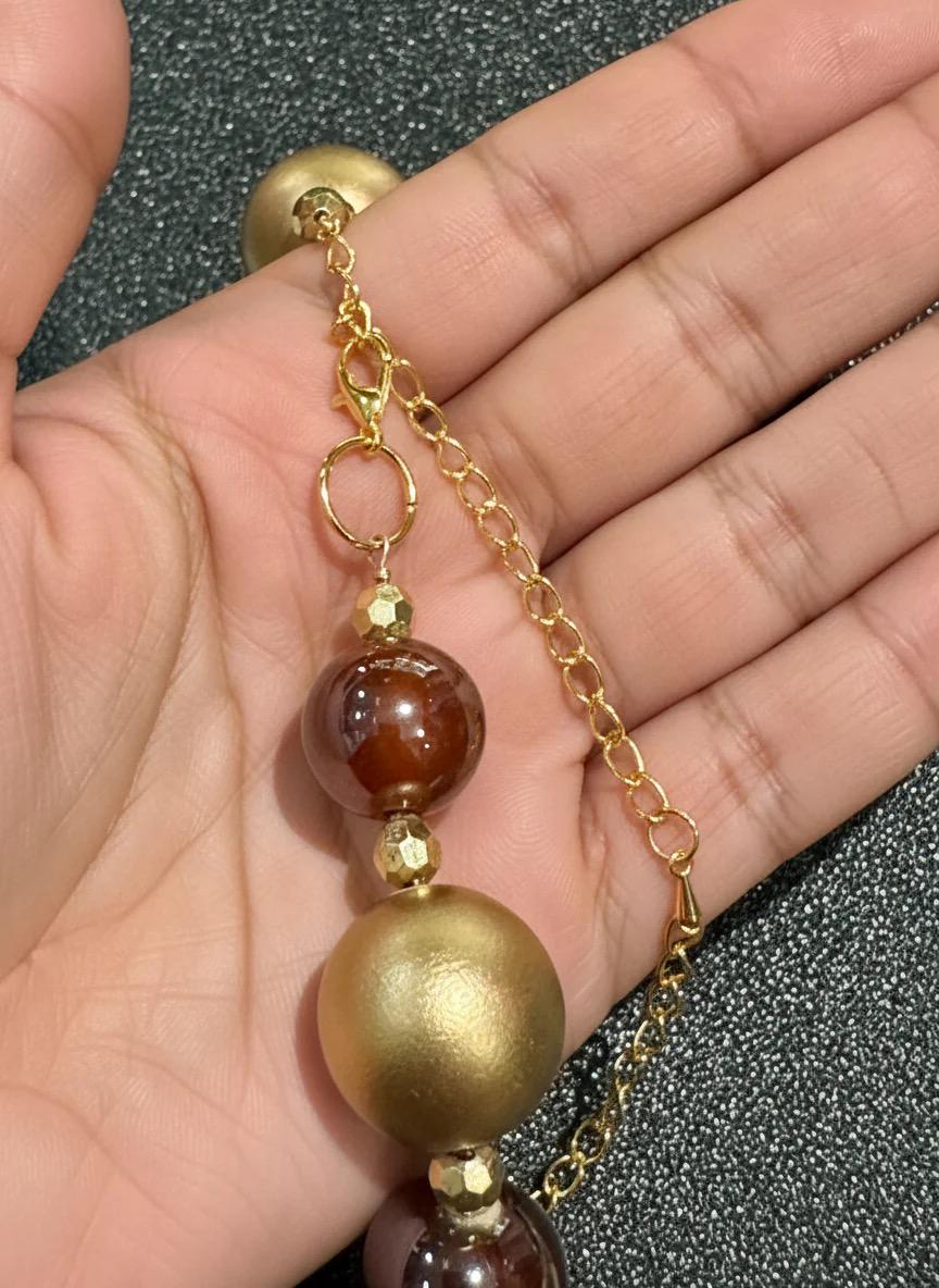 Brown Tribal Necklace with Gold Pendant: Wood & Ceramic Bead Jewelry
