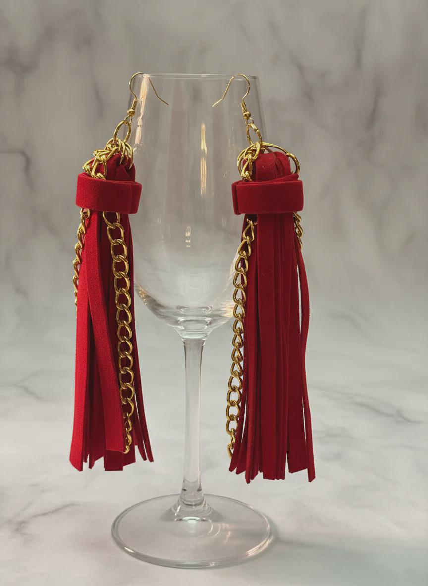 Fringe Gold Chain Red Suede Earrings – Long Dangle Jewelry for Women