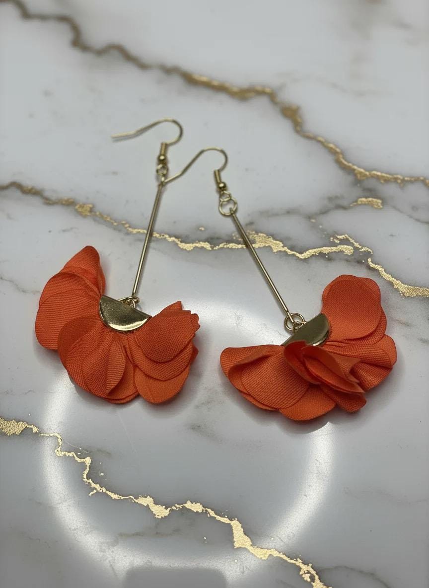 Floral Orange and Gold Dangle Earrings: Statement Jewelry for Women