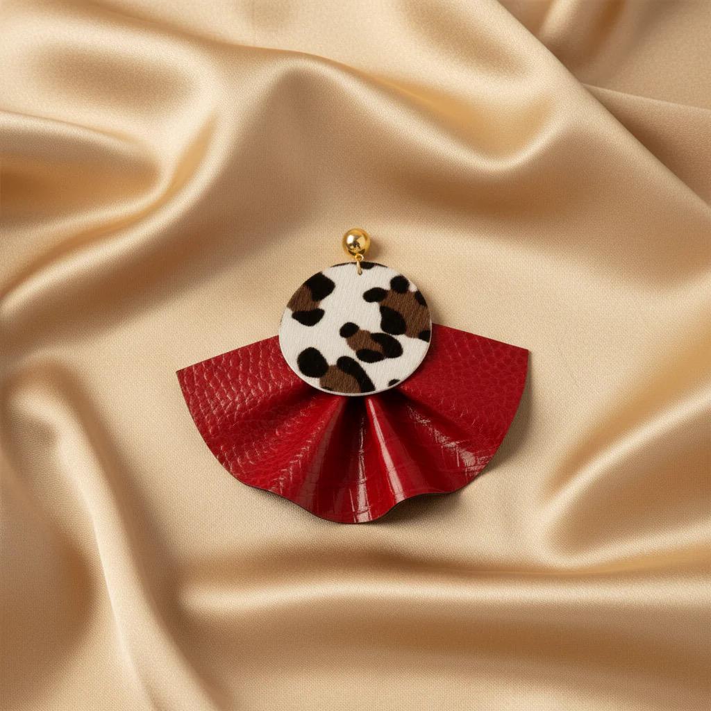 Red Croc & Leopard Oversized Ruffle Fan Leather Earrings