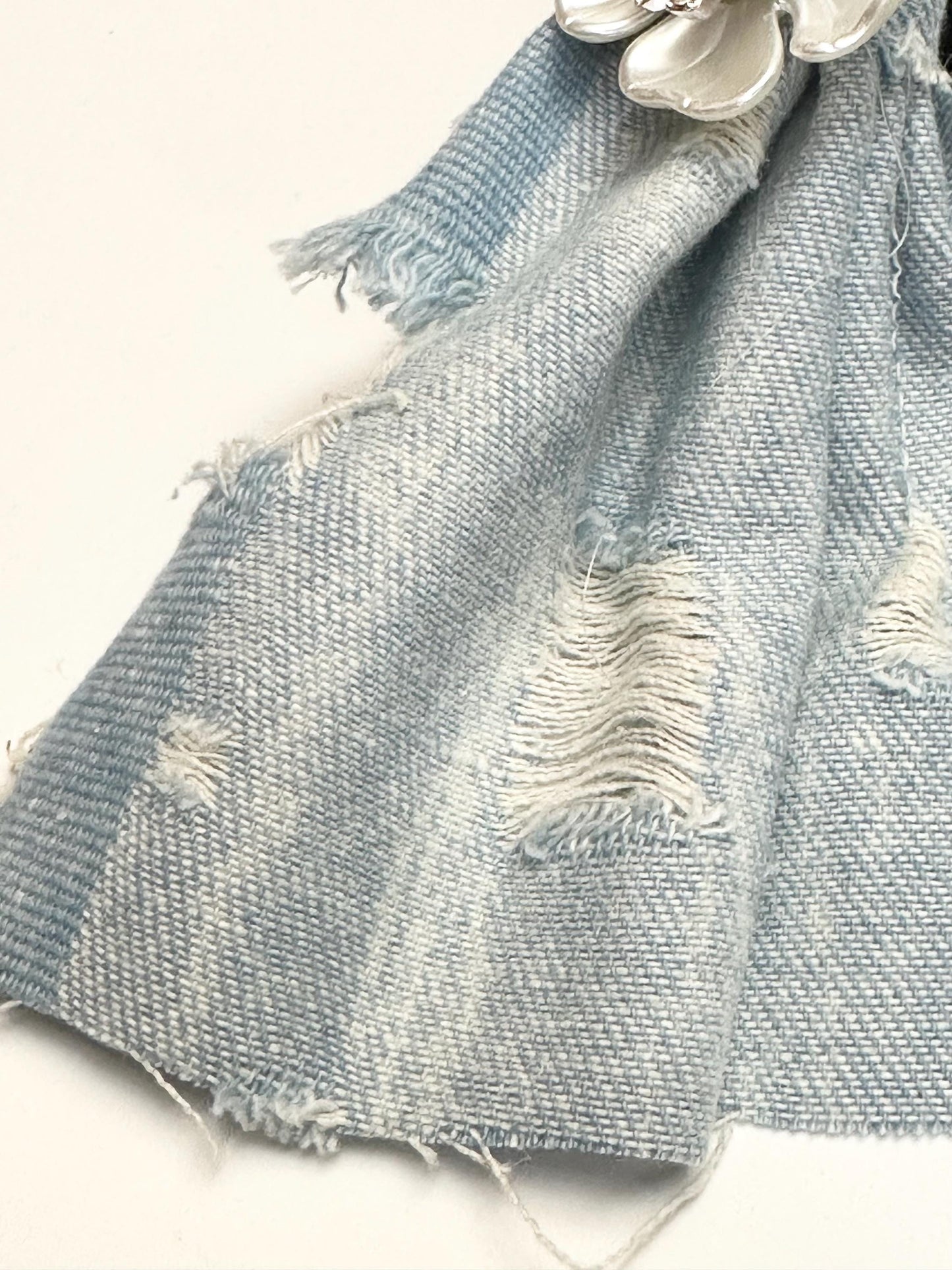 Light Washed Denim Destroyed Jean Ruffle Pearl Statement Earrings