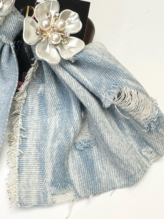 Light Washed Denim Destroyed Jean Ruffle Pearl Statement Earrings