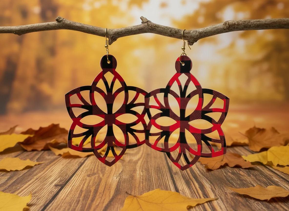 Red Plaid Cutout Statement Earrings: Gift for Mom, Wife, Sister