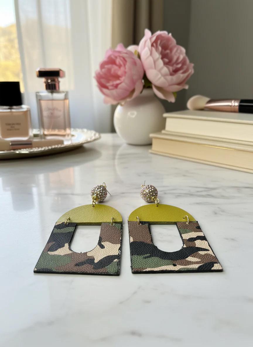 Camo Statement Earrings: Geometric Leather Jewelry with Rhinestones