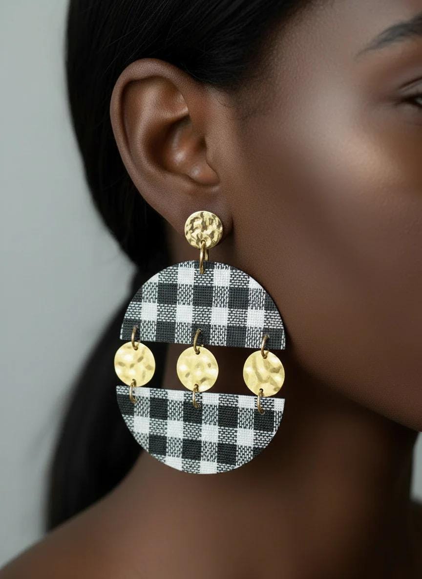 Black & White Plaid Statement Earrings with Gold Studs | Dangle Boho Earrings for Women