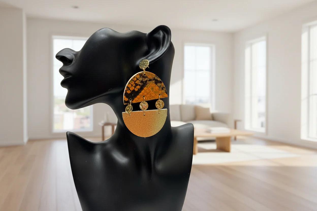 Orange and Gold Snakeskin Leather Statement Earrings, Bold Fashion Drops