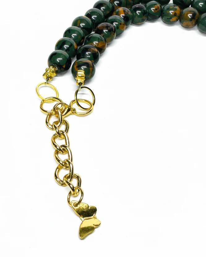 Boho Green Wood Necklace with Bold Tribal Gold Leaf Pendant