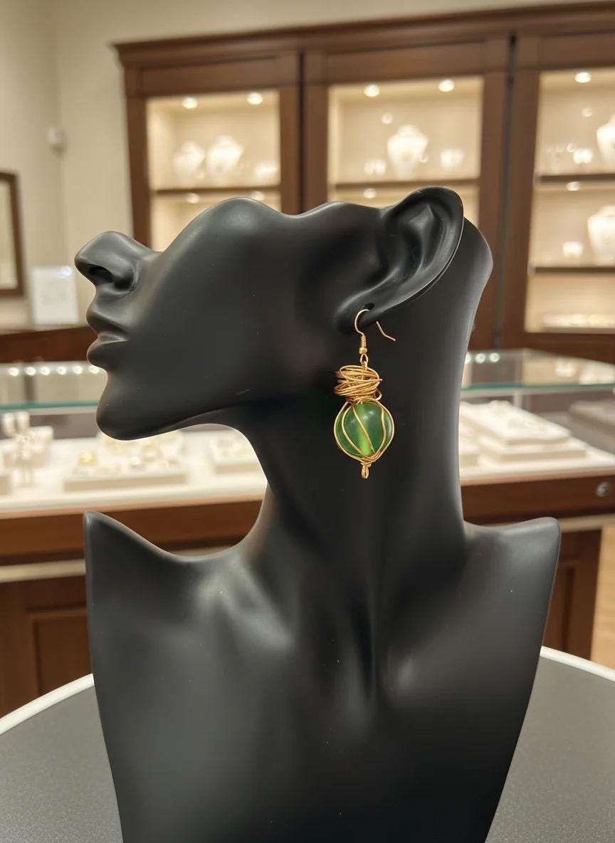 Simple Green Dangle Earrings: Stylish Gold Wire-wrapped Jewelry