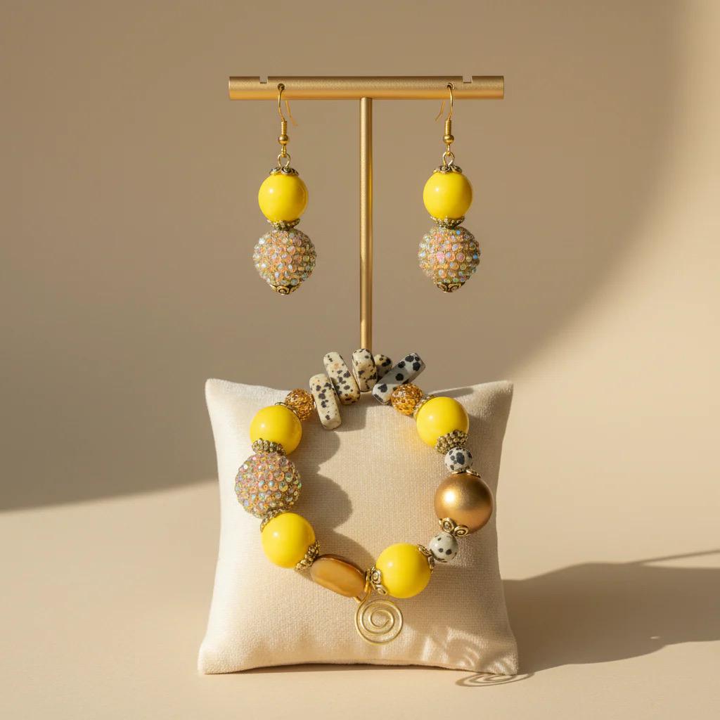 Yellow Beaded Rhinestone Earrings - Boho Statement Jewelry