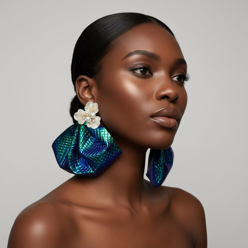 Blue Green Faux Leather Earrings: Metallic Dangle, Mermaid Jewelry
