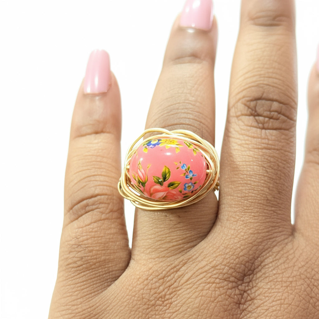 Peach Floral Bead Ring – Gold Wire Wrapped Egg-Shaped Statement Ring