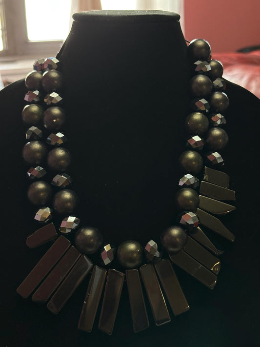 Chunky Layered Black Necklace Bold and Elegant Fashionable Chunky Long Necklace Gift For Her Handmade Jewelry Beaded Crystal Wood Statement