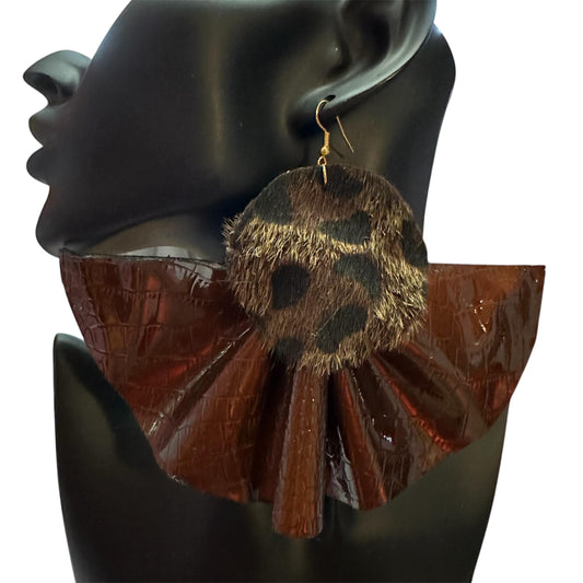 Snake Print Brown Handmade Earrings, Python Earrings Elegant Earrings Faux Leather Lightweight Earrings Ruffle Earrings Fabric Earrings New