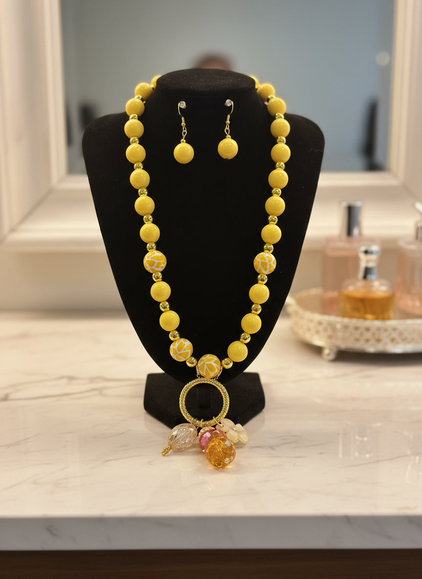 Long Yellow Beaded Necklace Set: Wire-wrapped Pendant