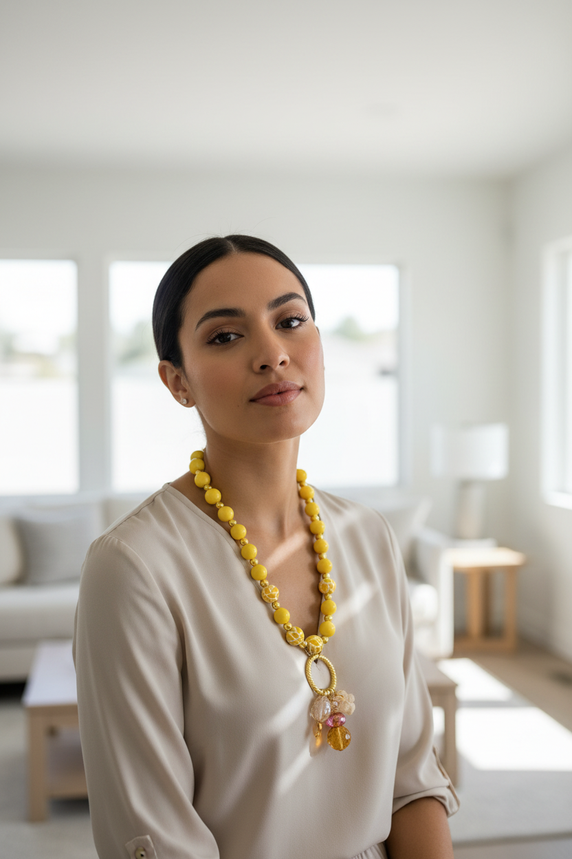 Long Yellow Beaded Necklace Set: Wire-wrapped Pendant