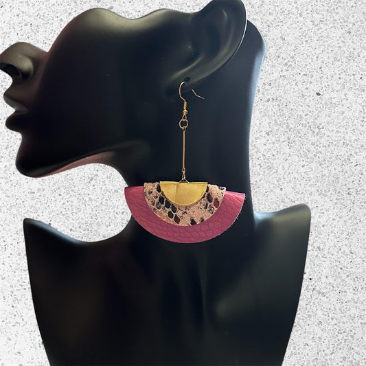 Gold Pink Faux Leather Earrings, Black Statement Earrings, Handmade Fashion Jewelry, Trendy Summer Earrings, Lightweight Dangle Gift