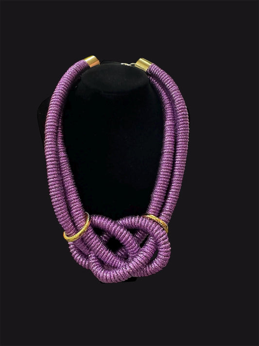 Bold Purple Macrame Statement Necklace – Glitter Knot Bib with Gold Accents – Handmade Sculptural Neckpiece – Designed by Risha