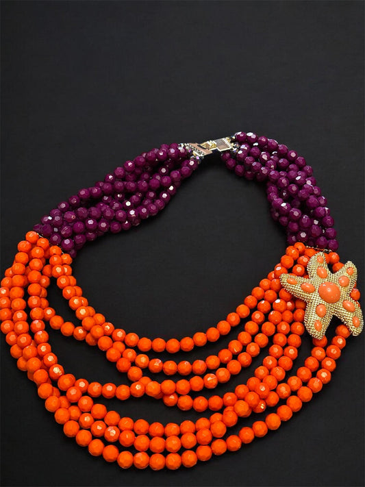 Bold Orange & Purple Beaded Statement Necklace | Starfish Charm | Multi-Strand Chunky Necklace | Handmade Boho Beach Jewelry | Summer