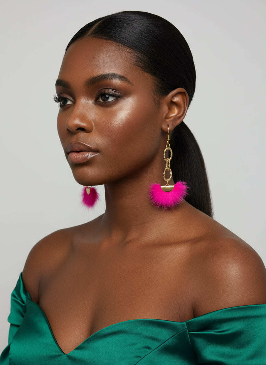 Faux Fur Dangle Earrings: Pink White and Gold Jewelry
