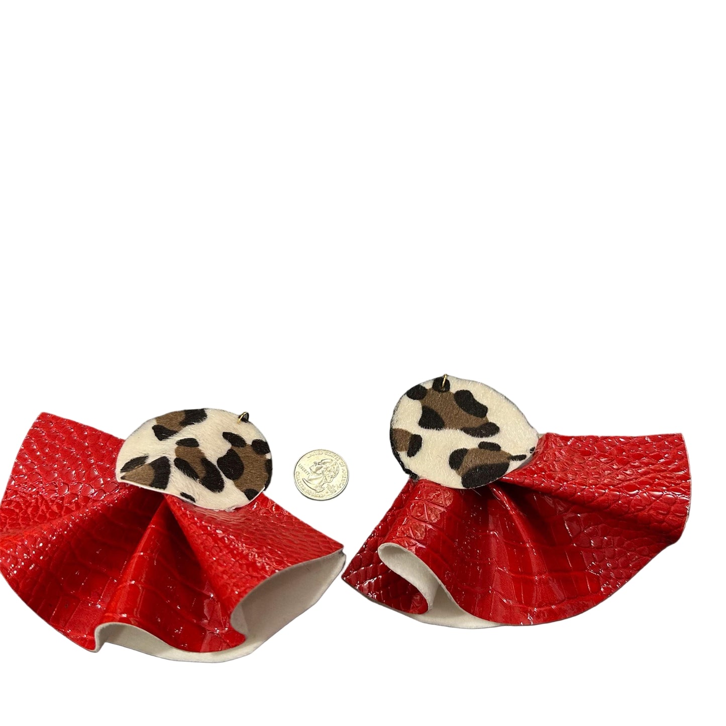 Leopard Suede and Red Croc Ruffle Leather Earrings - Stud Closure