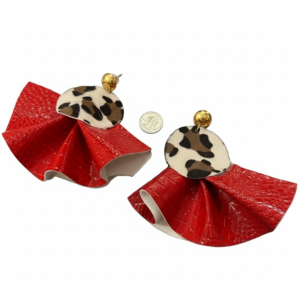 Leopard Suede and Red Croc Ruffle Leather Earrings - Stud Closure