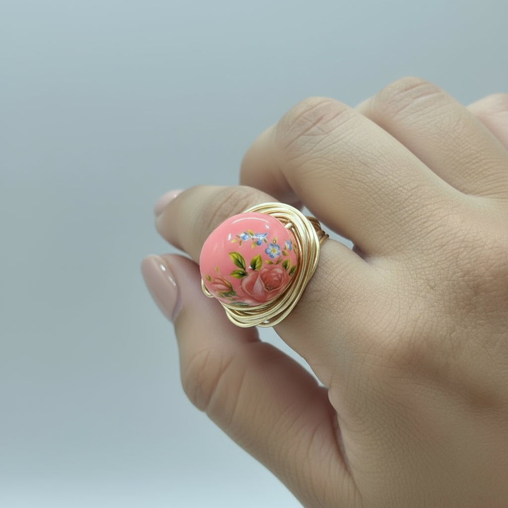 Peach Floral Bead Ring – Gold Wire Wrapped Egg-Shaped Statement Ring