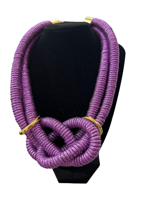 Bold Purple Macrame Statement Necklace – Glitter Knot Bib with Gold Accents – Handmade Sculptural Neckpiece – Designed by Risha