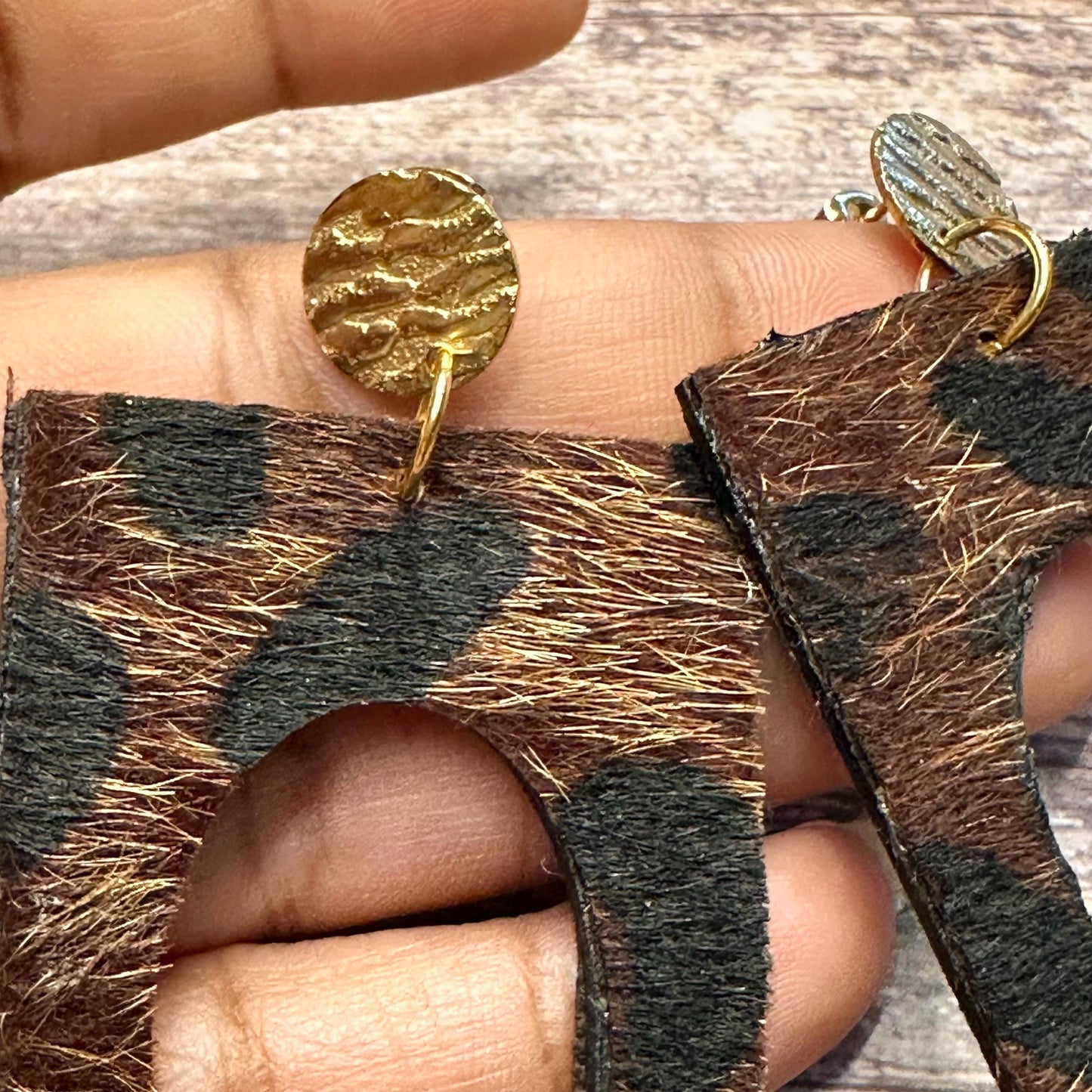 Brown Leopard Print Fur Earrings: Gold Wood Jewelry for Her