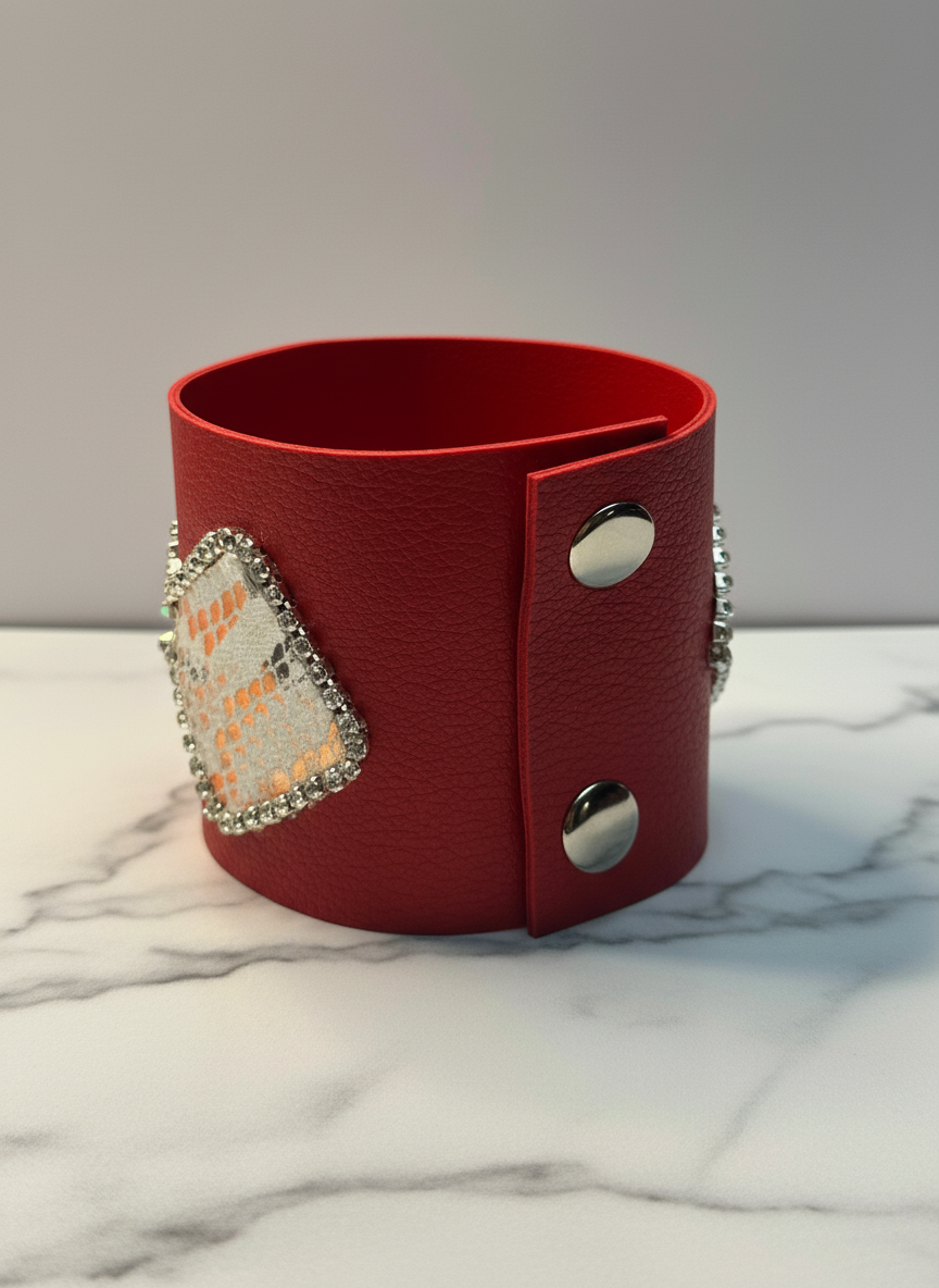 Red Snake Print Embellished Faux Leather Cuff Bracelet
